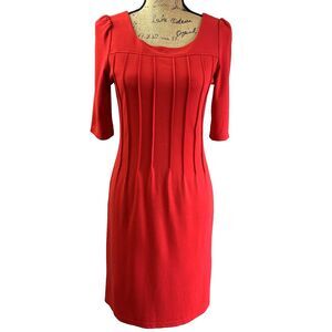 B Relaxx Women’s Red Knit 3/4 Sleeve Pleated Front Stretch Bodycon Dress Sz M
